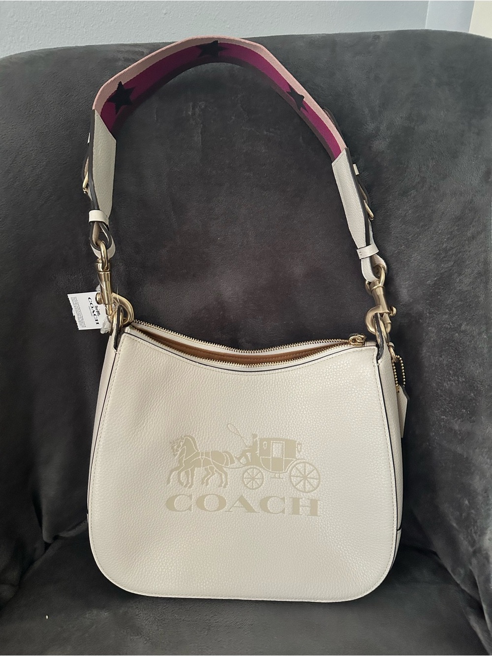 NWT Coach Cream Leather Shoulder Bag with Pink Star Accent Strap